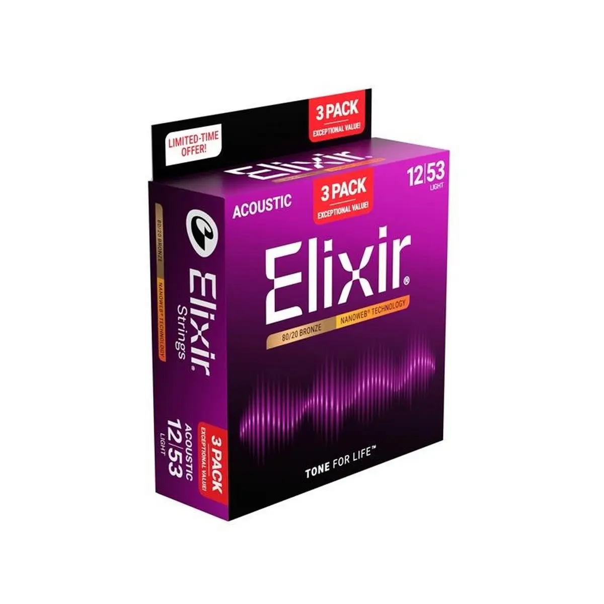 Elixir 16565 Nanoweb 80/20 Bronze Χορδές Ακουστικής Κιθάρας 12-53 (3-pack)-min