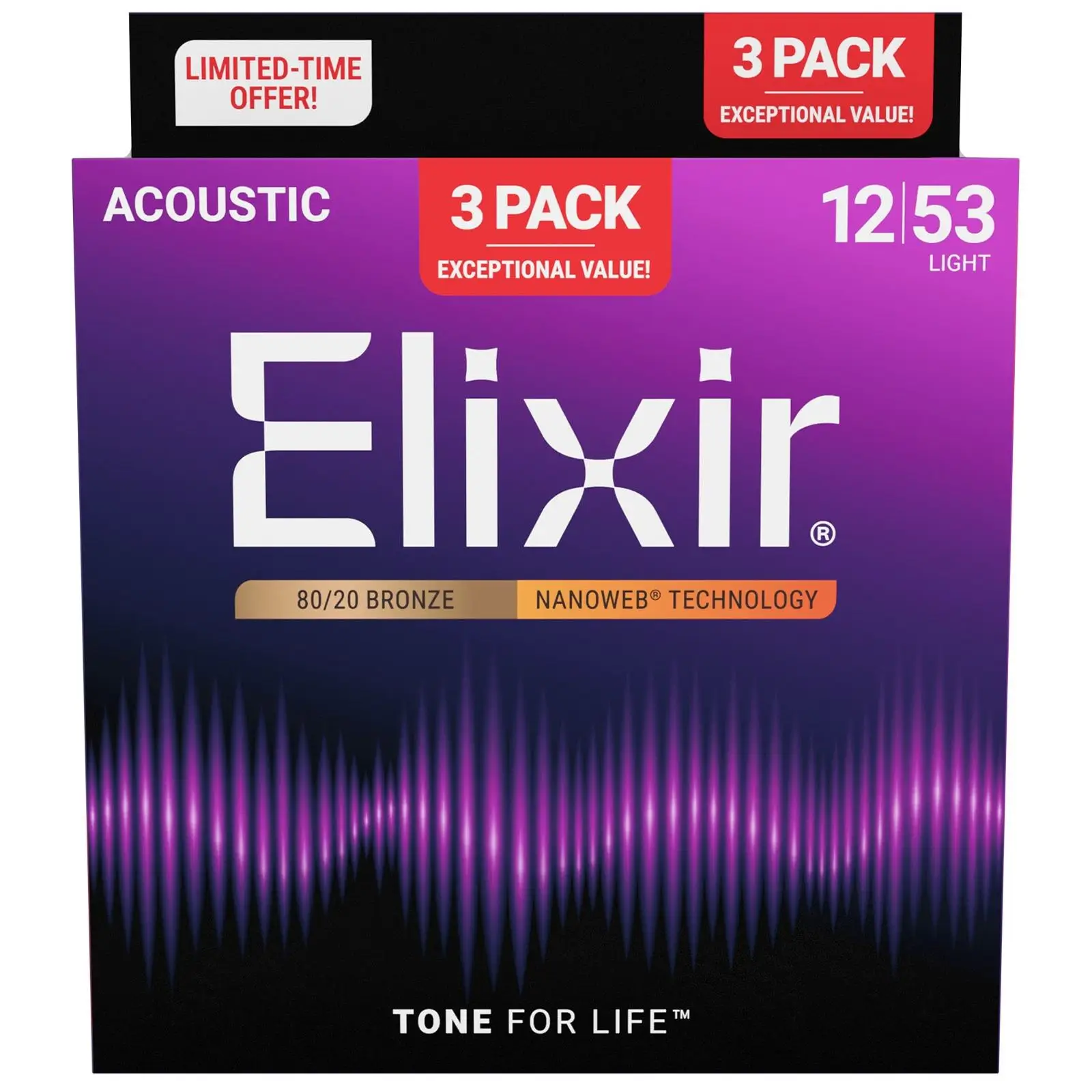 Elixir 16565 Nanoweb 80/20 Bronze Χορδές Ακουστικής Κιθάρας 12-53 (3-pack)-2-min